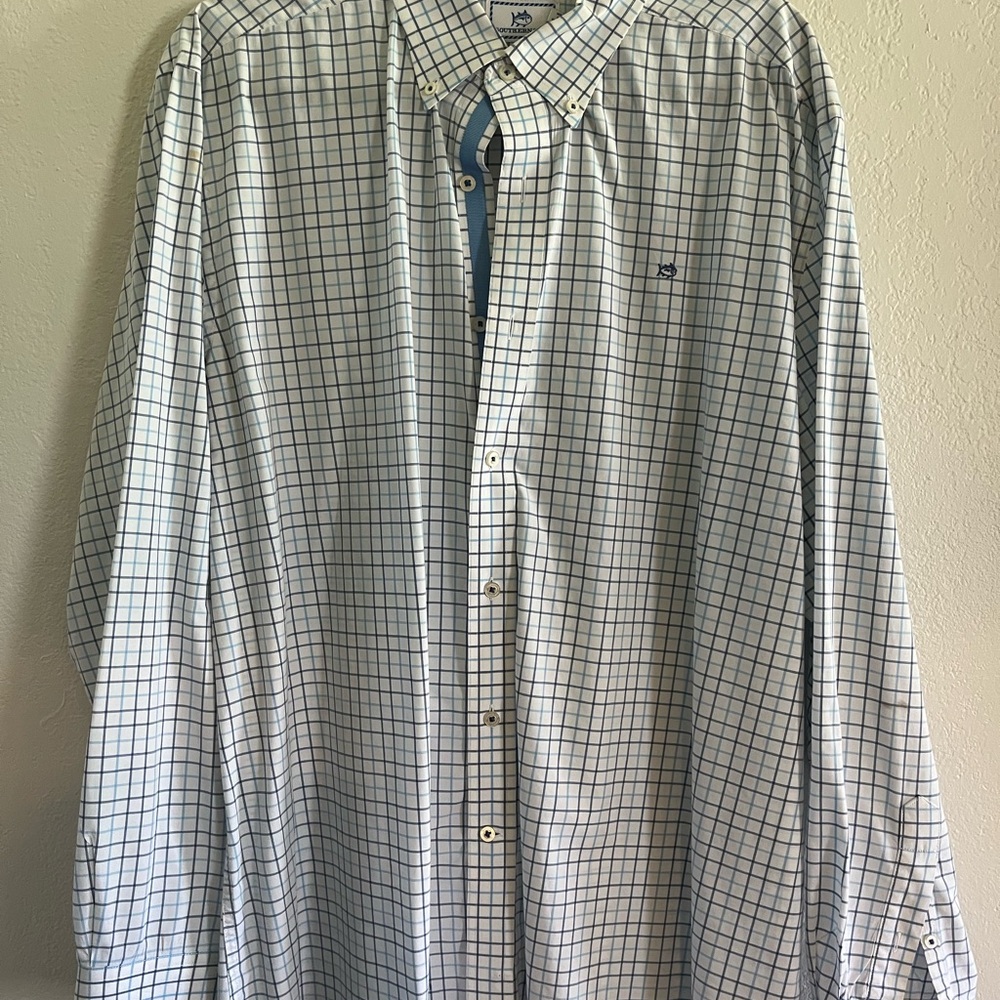 Men's Blue and White Checkered Shirt